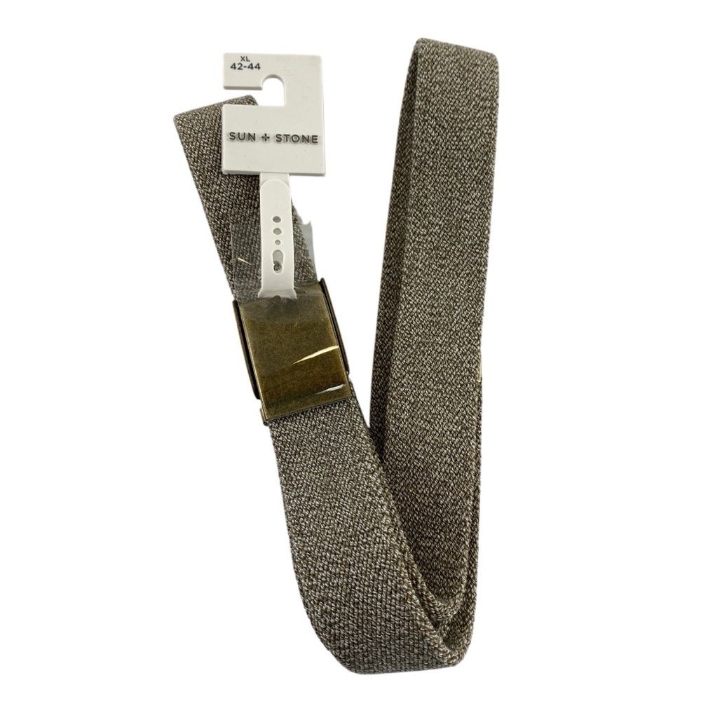 Sun + Stone Men’s Heathered Tan Stretchy Textured Belt with Metallic‎ Buckle XL